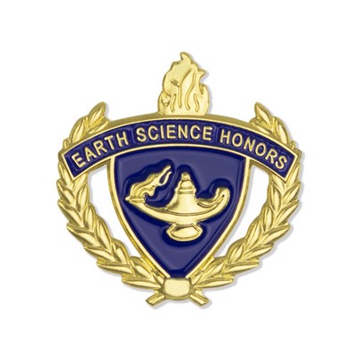 1" Gold Earth Science Honors Lapel Pin with Lamp of Learning and Wreaths Enameled