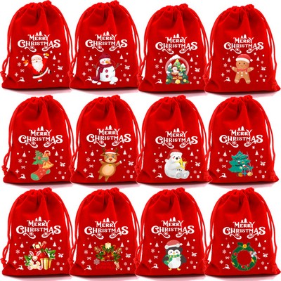 Christmas Flocked Fabric Drawstring Gift Bag