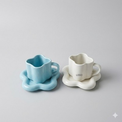 Elegant Floral Ceramic Cup & Saucer Set Vintage Hand-Painted Coffee Mug with Scalloped Edge