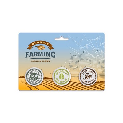 Three 1.25" Pin-Back Buttons on Backing Card