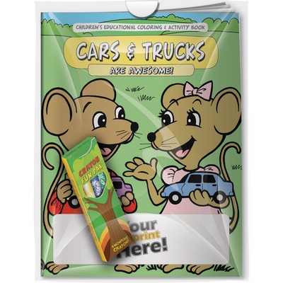 Combo Pack - "Cars and Trucks are Awesome!" Coloring Book & 4-Pack of Crayon in a Poly Bag