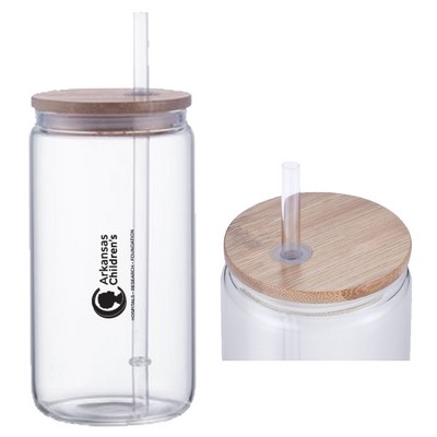 18 Oz. Single Wall Glass Tumbler with Bamboo Lid and Plastic Straw