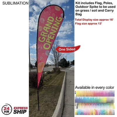 24Hr Express Ship -16' X-Large Tear Drop Flag Kit, Full Color Graphics One Side, Spike and Bag