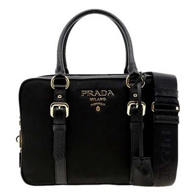 Prada Bauletto Tessuto Nylon Saffiano Black Satchel Bag Gold Lock