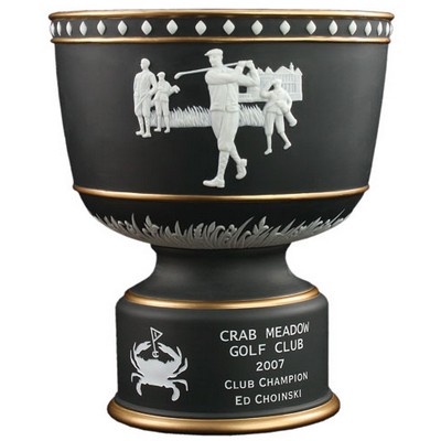 Black/White/Gold Vintage Bowl Ceramic Golf Trophy w/Raised Figures