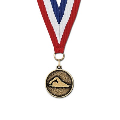 Stylized Swimmer Cast CX Medal w/Red/White/Blue or Year Grosgrain Neck Ribbon (1 1/8")