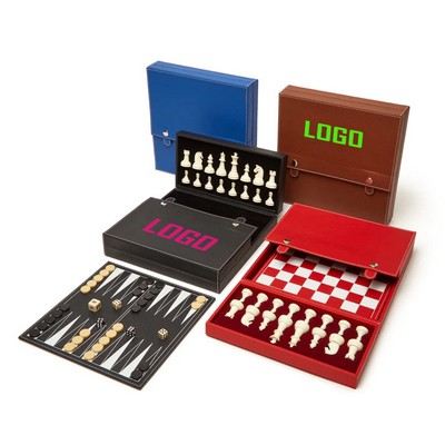 2" 1 Vegan Leather with Velvet Interior Backgammon and Chess Set