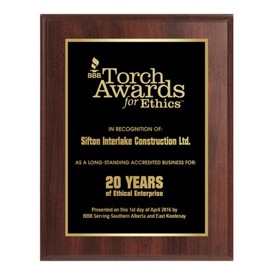 10 1/2" x 13" Cherry Finish Plaque w/ Laser Engraved Plate and Back Plate