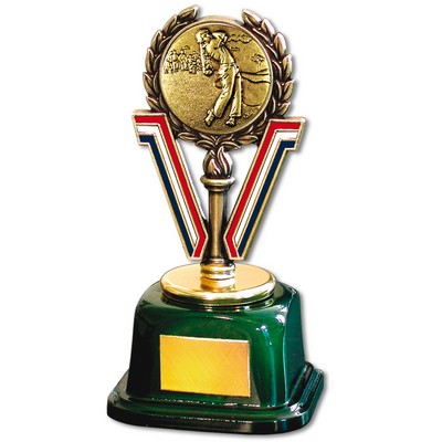 Stock 7" Trophy with 2" Golf Male and Engraving Plate