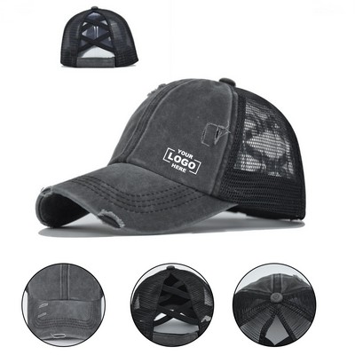 Criss Cross Distressed Ponytail Basball Trucker Cap