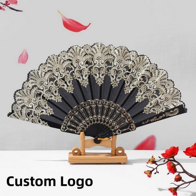 Elegant Foldable Hand Fan Fabric Gold Pattern Style