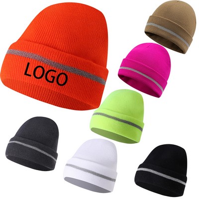 Reflective Stripe Acrylic Knit Cuffed Safety Hat