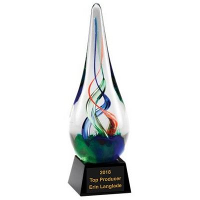 8 1/4" Multicolor Swirl Tear Droplet Art Glass on Black Glass Base