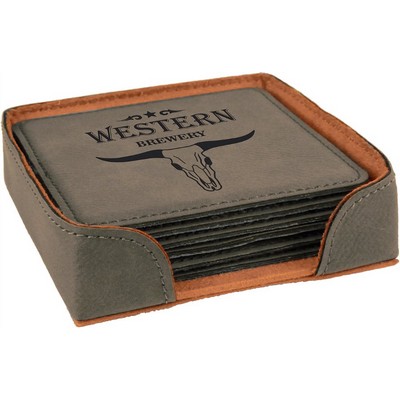 Square Coaster Set with 6 pcs, Gray Faux Leather, Engraved, 4" x 4"