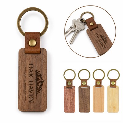 Rectangle Wooden Keychain w/ Leather Strap
