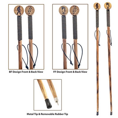 55" Wooden Hiking Stick with Rope Grip & Bigfoot Design Round Top