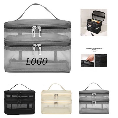 Nylon Mesh Double Layer Toiletry Bag Large Capacity Travel Cosmetic Organizer