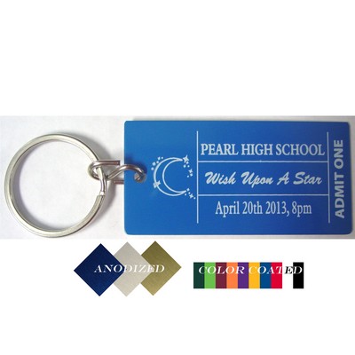Ticket Style 3" x 1.5" Aluminum Key Tag with an epoxy screen printed imprint. Made in USA