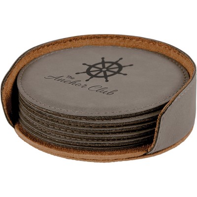 Round Leatherette 6-Coaster Set (Gray)