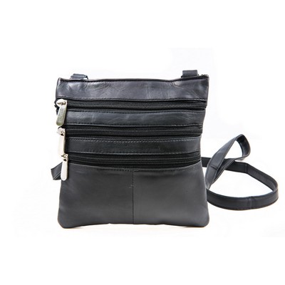 Champs Luggage Black Leather Triple Zip Crossbody Bag Size 7"X7"X0.5"