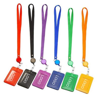 PU Leather ID Card Badge Holder w/ Lanyard