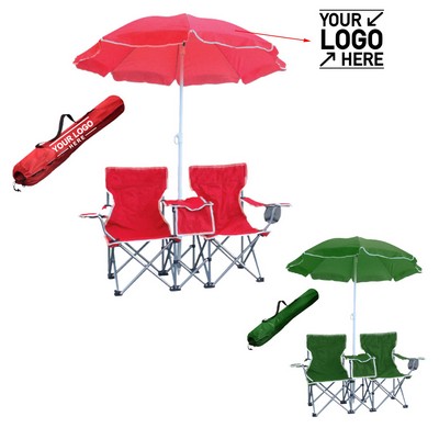 Double Folding Camping Chairs with Sun Umbrella