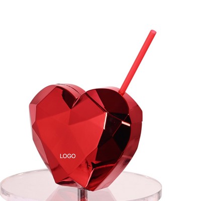 600ml Heart-Shaped Electroplated Cup with Straw Metallic Love Heart Drinkware Novelty