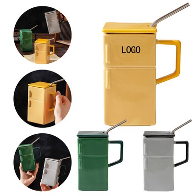 Retro Refrigerator Style Ceramic Straw Mug With Lid