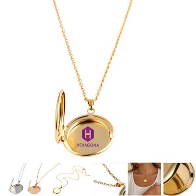 Mirror Polished Stainless Steel Round Photo Locket Necklace