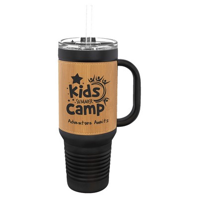 Polar Camel 40 oz. Black with Bamboo Laserable Leatherette Travel Mug with a Handle & Straw