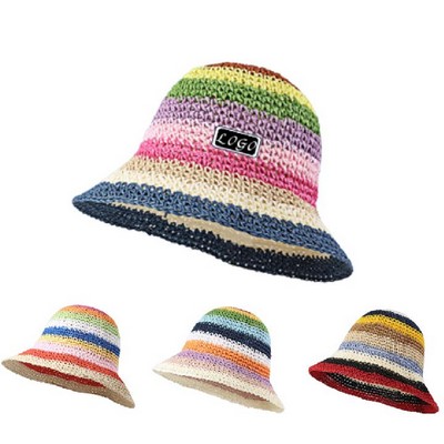 Foldable Woven Straw Crochet Bucket Hat Rainbow Beach