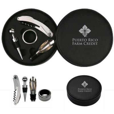 4 Piece Wine Set w/Corkscrew & Leatherette Round Case