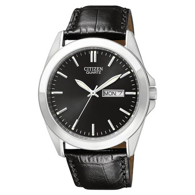 Citizen® Men's Quartz Watch w/Black Leather Strap & Black Dial