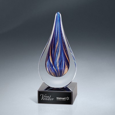 Blue and Gold Art Glass Drop on Black Glass Base