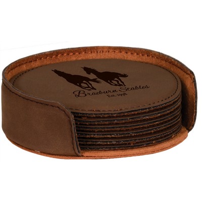 Round Coaster Set - Leatherette - Dark Brown/Engraves Black