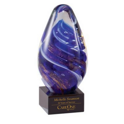 6 1/4" Dark Blue and Gold Egg Shaped Art Glass on Black Glass Base