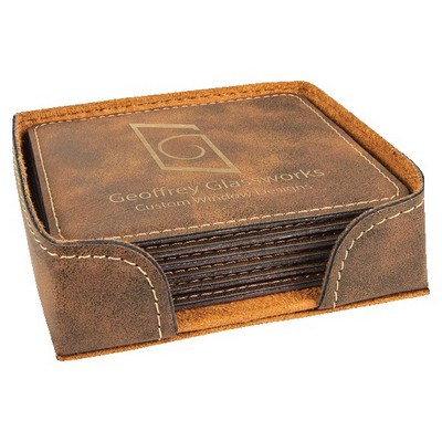 Square Coaster Set with 6 pcs, Rustic Faux Leather, Engraved, 4" x 4"