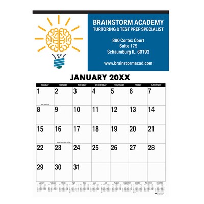 Monthly Wall Calendar Tinned at Top w/Non Ruled Blocks (19"x26")