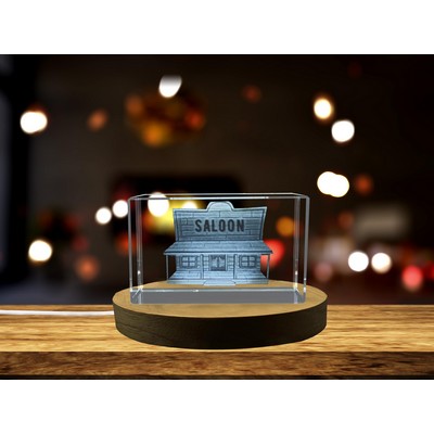 Saloon 3D Engraved Crystal Trophy Award w/LED Base - Vintage Wild West Sculpture