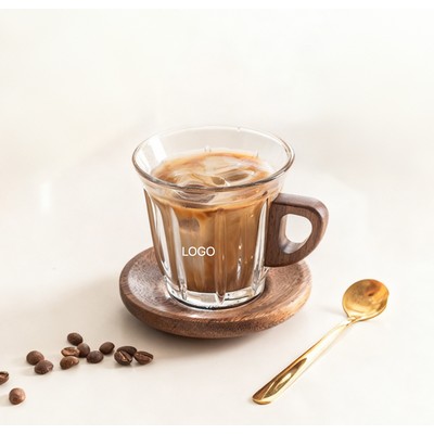 Coffee Glass Cup Set Elegant Espresso Latte Cups with Walnut Wood Holders