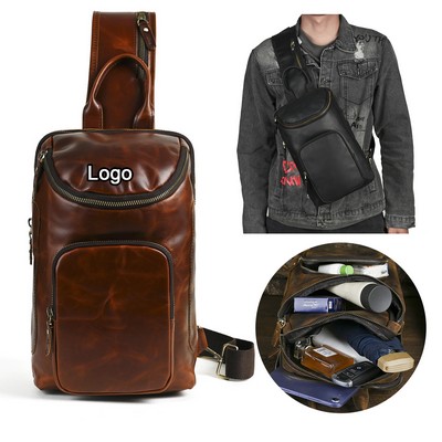 Thick Genuine Crazy Horse Leather Triangle Crossbody Sling Chest Bag Travel Daypack