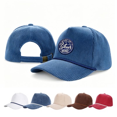 Five-Panel Corduroy Baseball Cap With Cotton Rope And Adjustable Brass Buckle