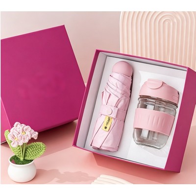 Summer Combo Gift Box, Two-Item Set: UV Umbrella, Mini Fan Or Tumbler