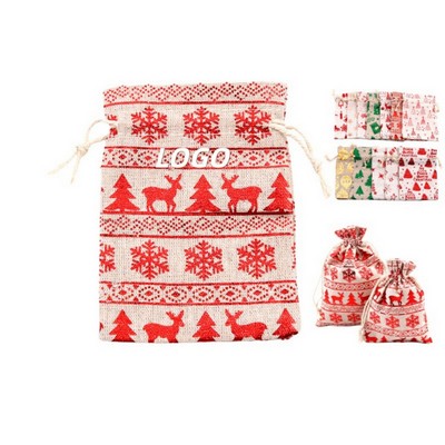 Foil Printed Cotton Linen Holiday Gift Pouch