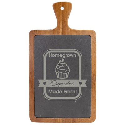 Engravable Acacia Wood and Slate Cutting Board with Handle, 13.25 x 7.00