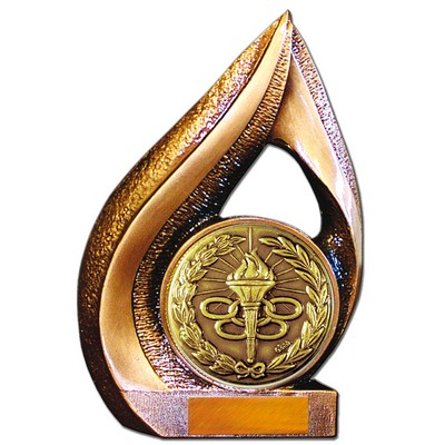 Stock 9" Flame Trophy with 2" Torch & Rings Coin and Engraving Plate