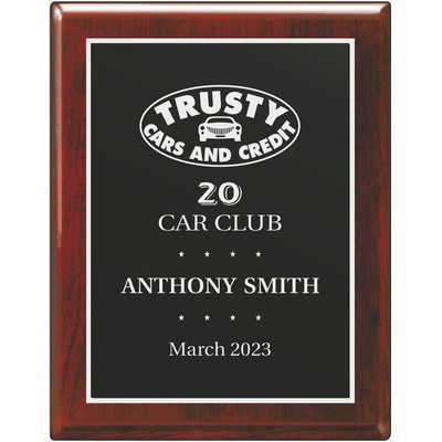 ROSEWOOD PIANO FINISH WOOD PLAQUE WITH BLACK & SILVER PLATE 8 x 10