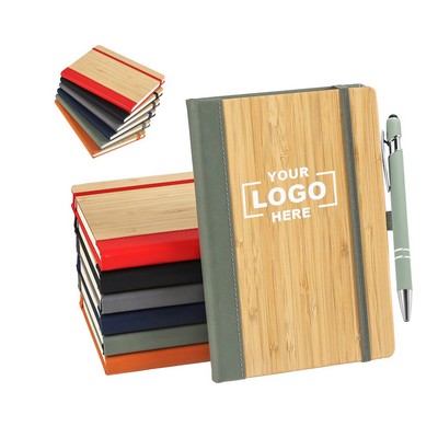 PU Leather and Bamboo Cover Notebook with Stylus Pen