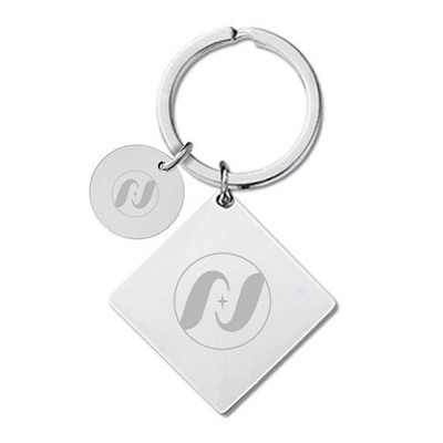 30 x 30 x 2 mm Silver Square Tag Keychain W/ Small Round Tag 15 mm Dia.