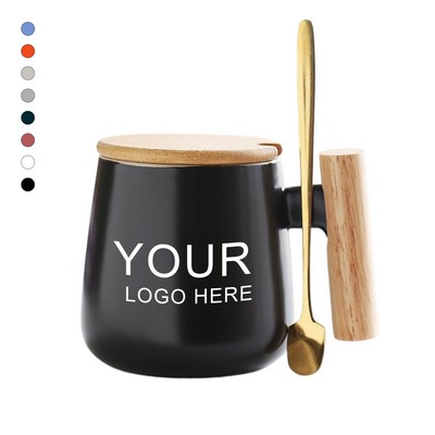 13 Oz.Ceramic Mug W/Wooden Handle Lid Spoon